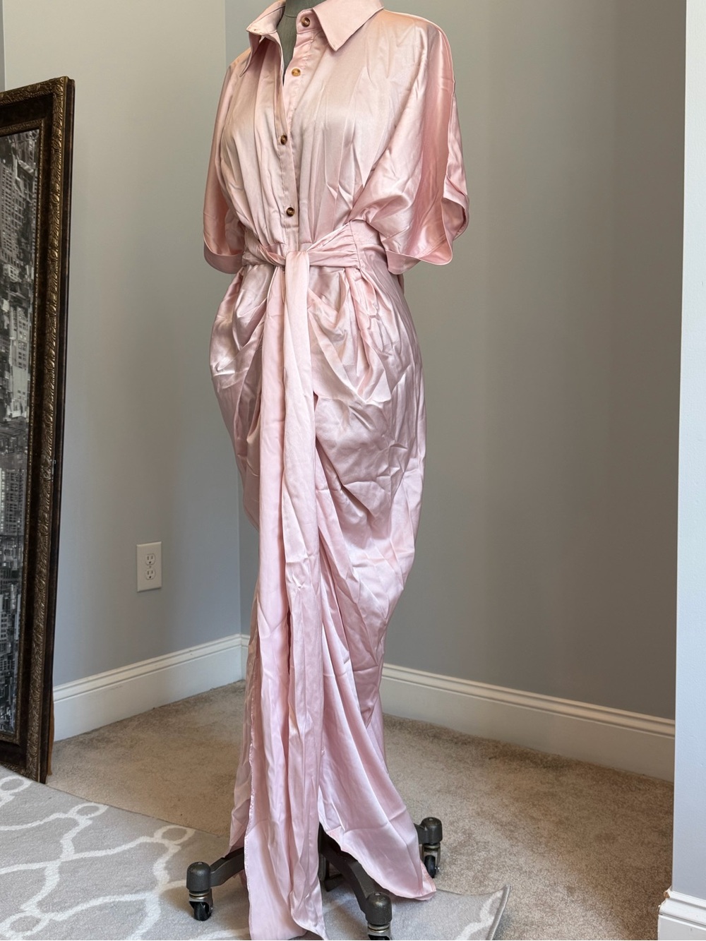 Blush Pink Satin Button-Front Tie-Waist Dress
